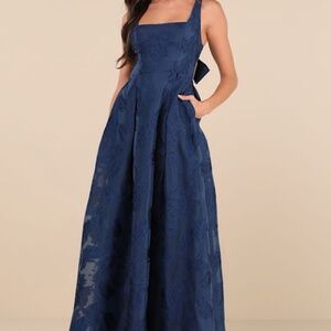 Lulus Perfected Aura Navy Jacquard Tie-back Maxi Dress With Pockets Blue